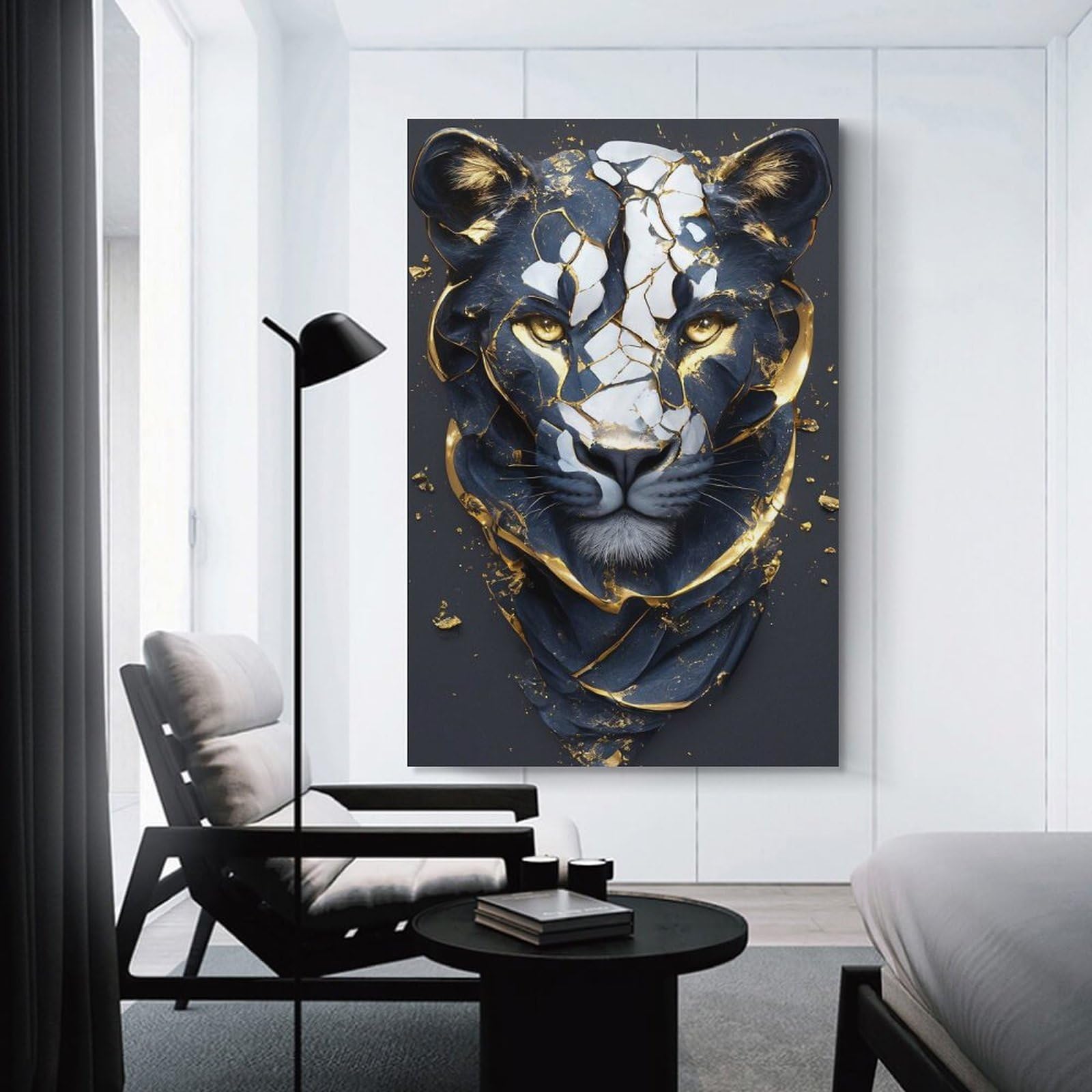 Junmoney Abstract Panther Portrait with Gold Accents Canvas Wall Art, 16x24inch(40x60cm), for Workspace Walls, Study Corners Or Bedrooms, An Interior Accent for Desk Areas