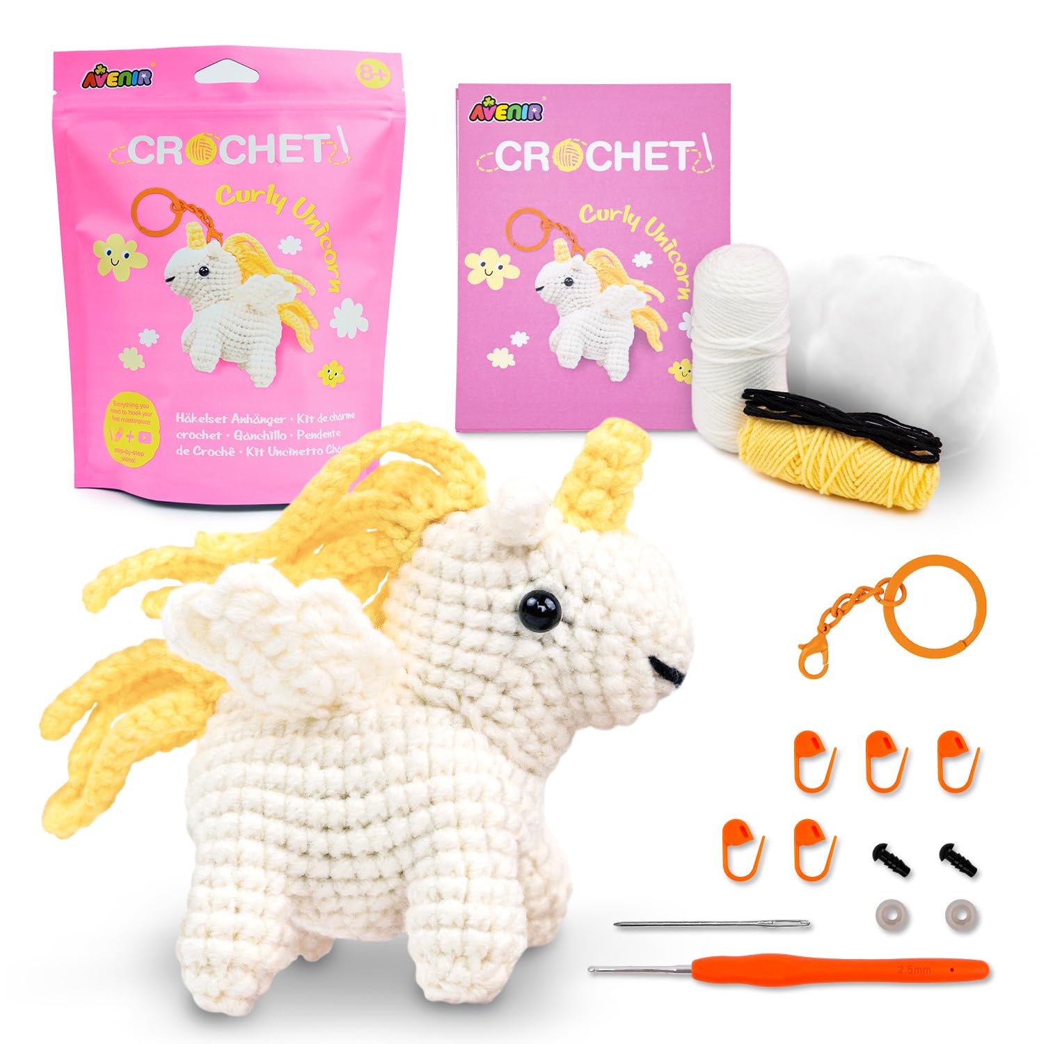 Avenir Beginner Crochet Kit – Curly Unicorn Bag Charm | Crochet Kit for Beginners with Video Tutorials, Pre‑Started Yarn & Full Supplies | Cute Crochet Animal Craft Gifts