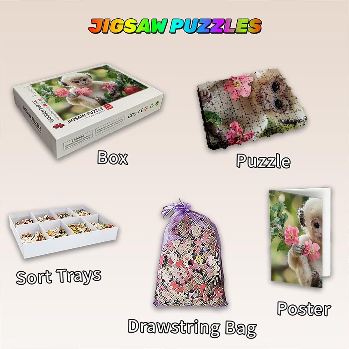 Puzzle 3000 elementów małpa, puzzle kwiatowe dla dorosłych, klasyczne puzzle gry edukacyjne do aktywności rodzinnej, najwyższej jakości drewniane puzzle z pudełkiem na prezent dla mężczyzn prezent dla