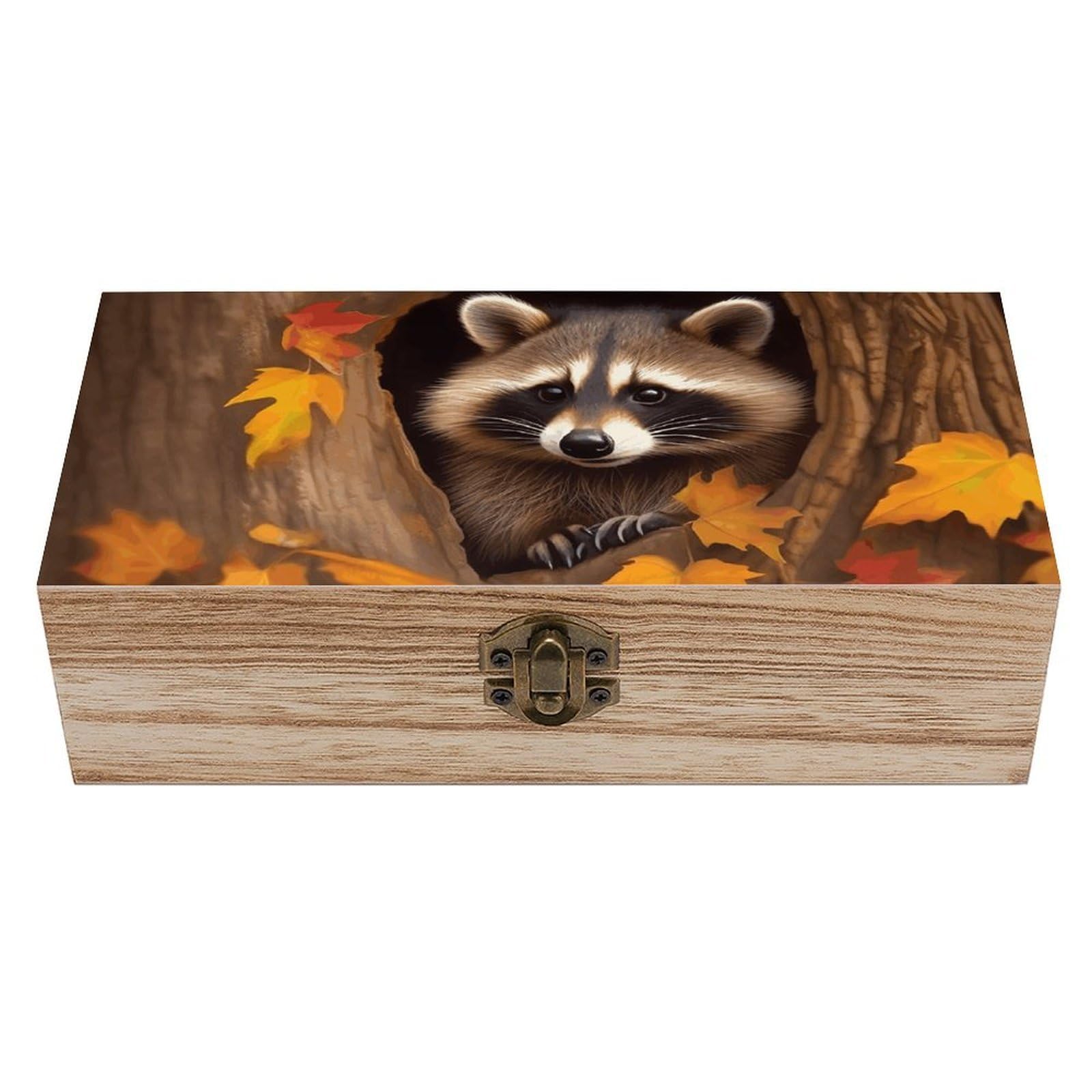 LZQPOEAS Raccoon in The Fall Tree Hole Wooden Storage Box Small Decorative Box with Hinged Lid Handmade Elegant Keepsake Storage Box for Jewelry, Photos, Trinkets, Letter Gifts, Small Heirlooms
