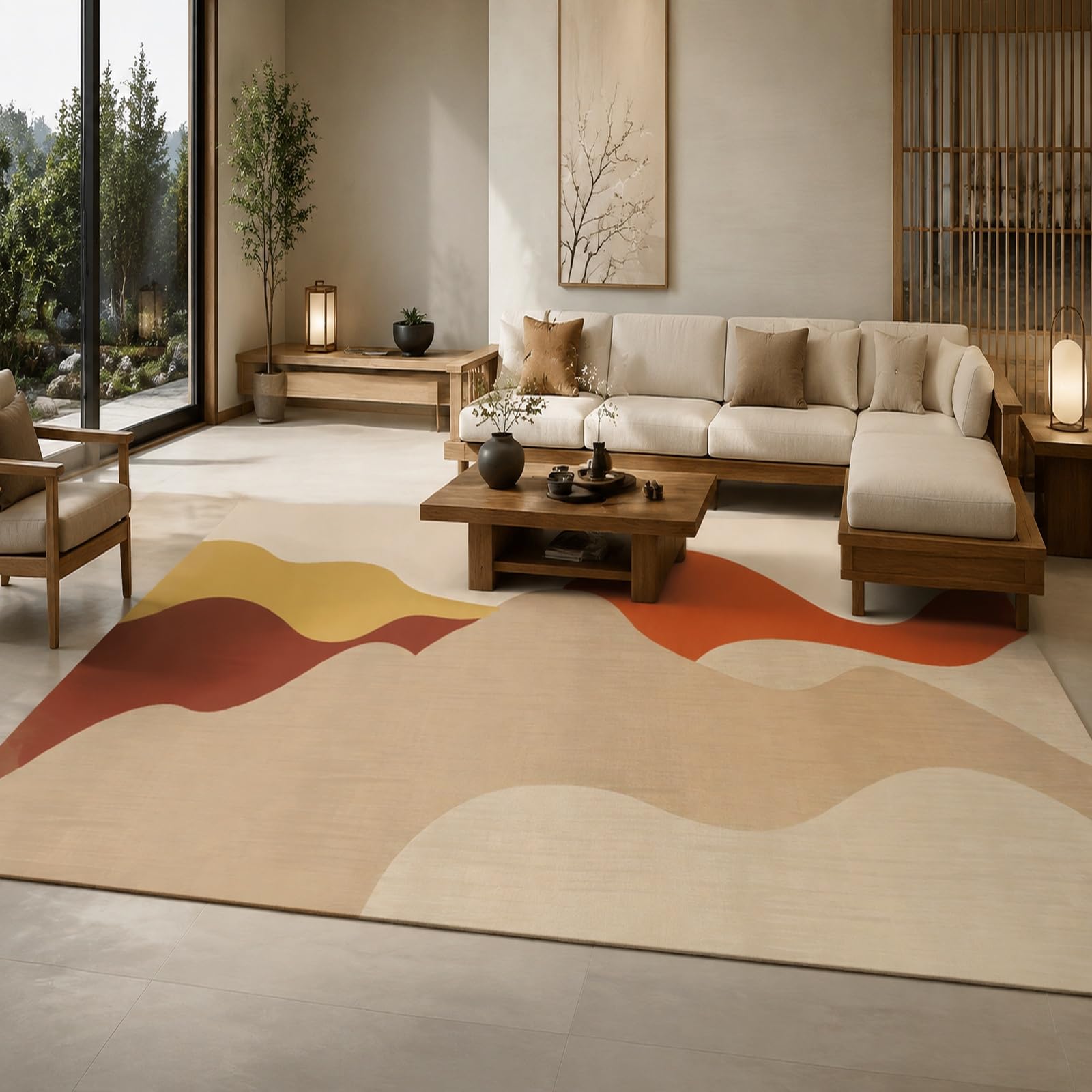 Tapis Carré, 150 x 150 cm, Abstrait Moderne Beige Taupe Marron Orange, Maison Décorations, Intérieure Salon Chambre, Extérieure Balcon,
