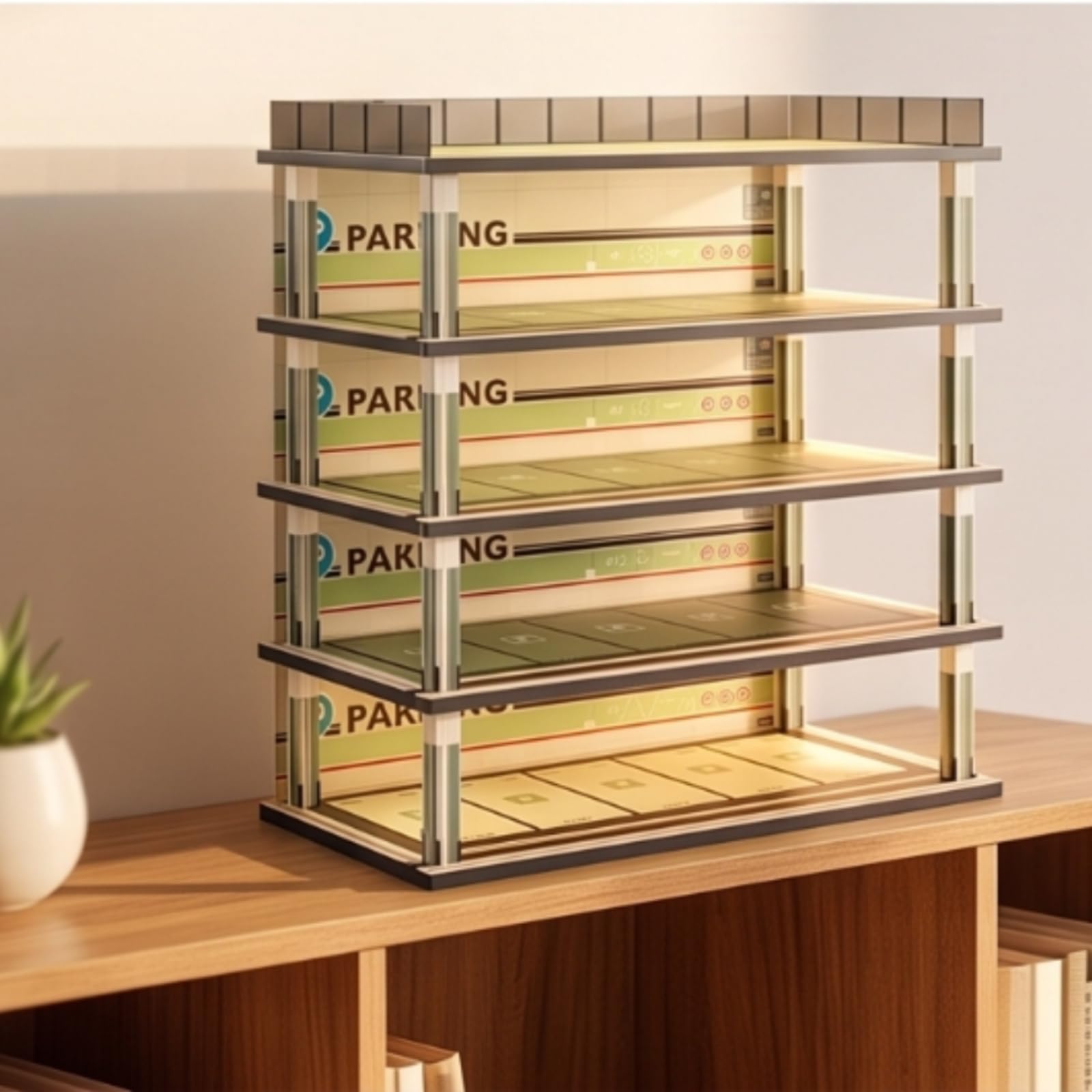 Espositore Auto Modellini Multi Livello Vetrina Garage Parcheggio Teche Scatola in Legno con Luce Layout Realistico E Pannelli in Acrilico Adatto per Collezionisti Studio, Cinque Piani