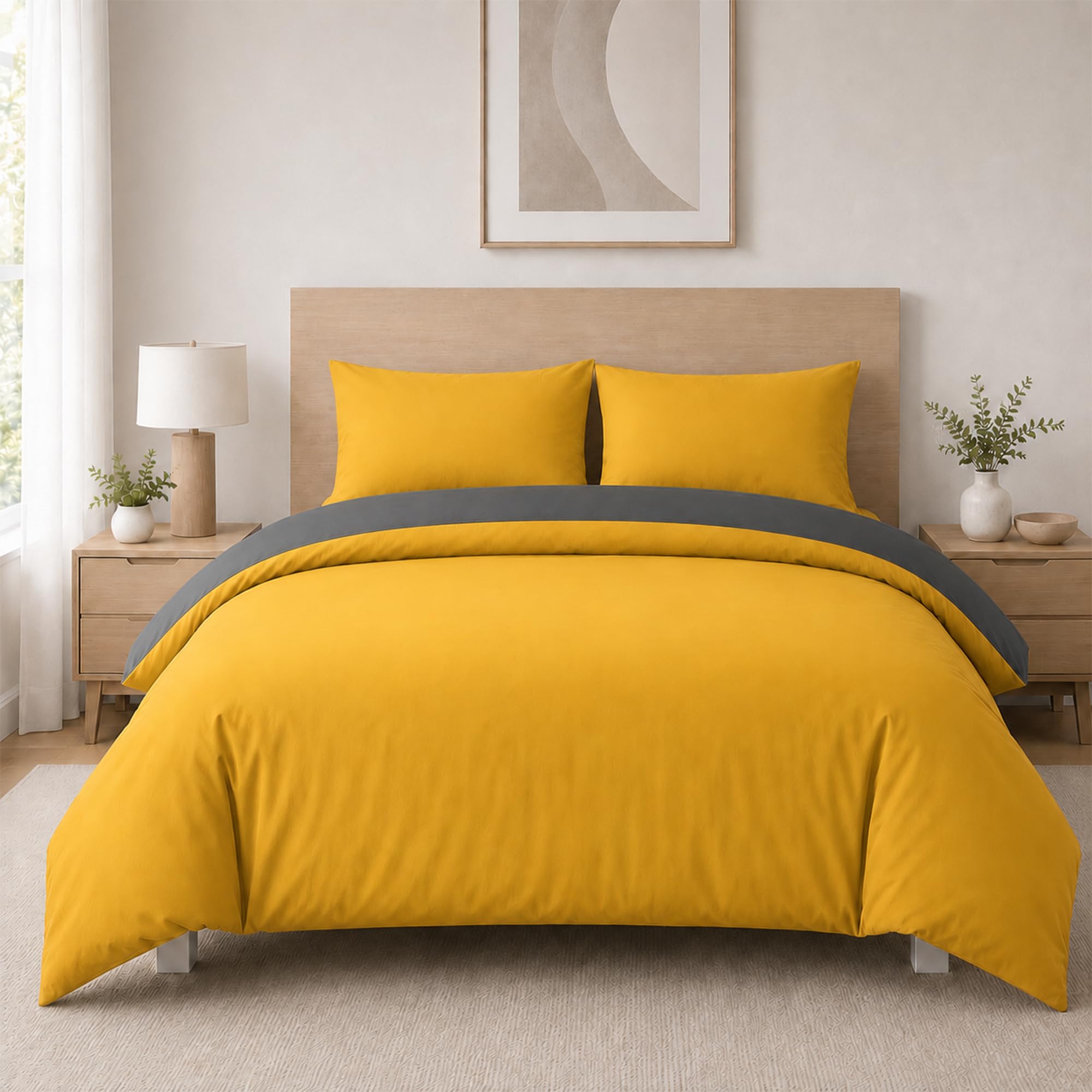 K&A Reversible Duvet Cover Set, Yellow & Dark Grey, Double Brushed Microfibre Bedding Set with Fitted Sheet and Pillowcases, 200 x 200 cm, Soft Easy Care Machine Washable