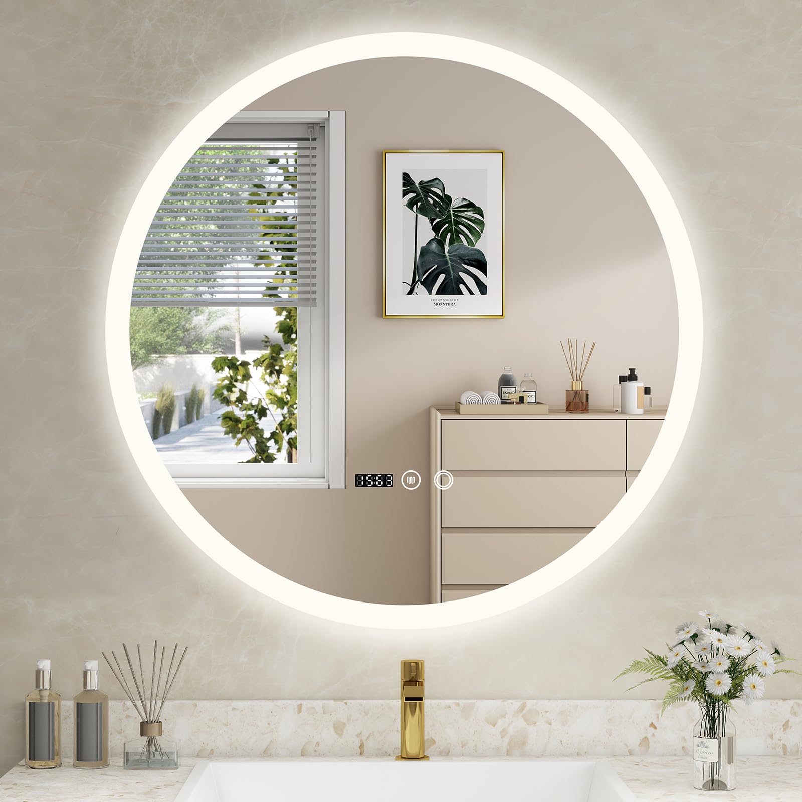 YU YUSING Specchio Bagno Rotondo con Luce LED 70cm, Specchio da Parete Retroilluminato Bagno, 3 Colori di Luce, Luminosità Regolabili, Interruttore Touch, Antiappannamento, Display Dell'Ora, IP44