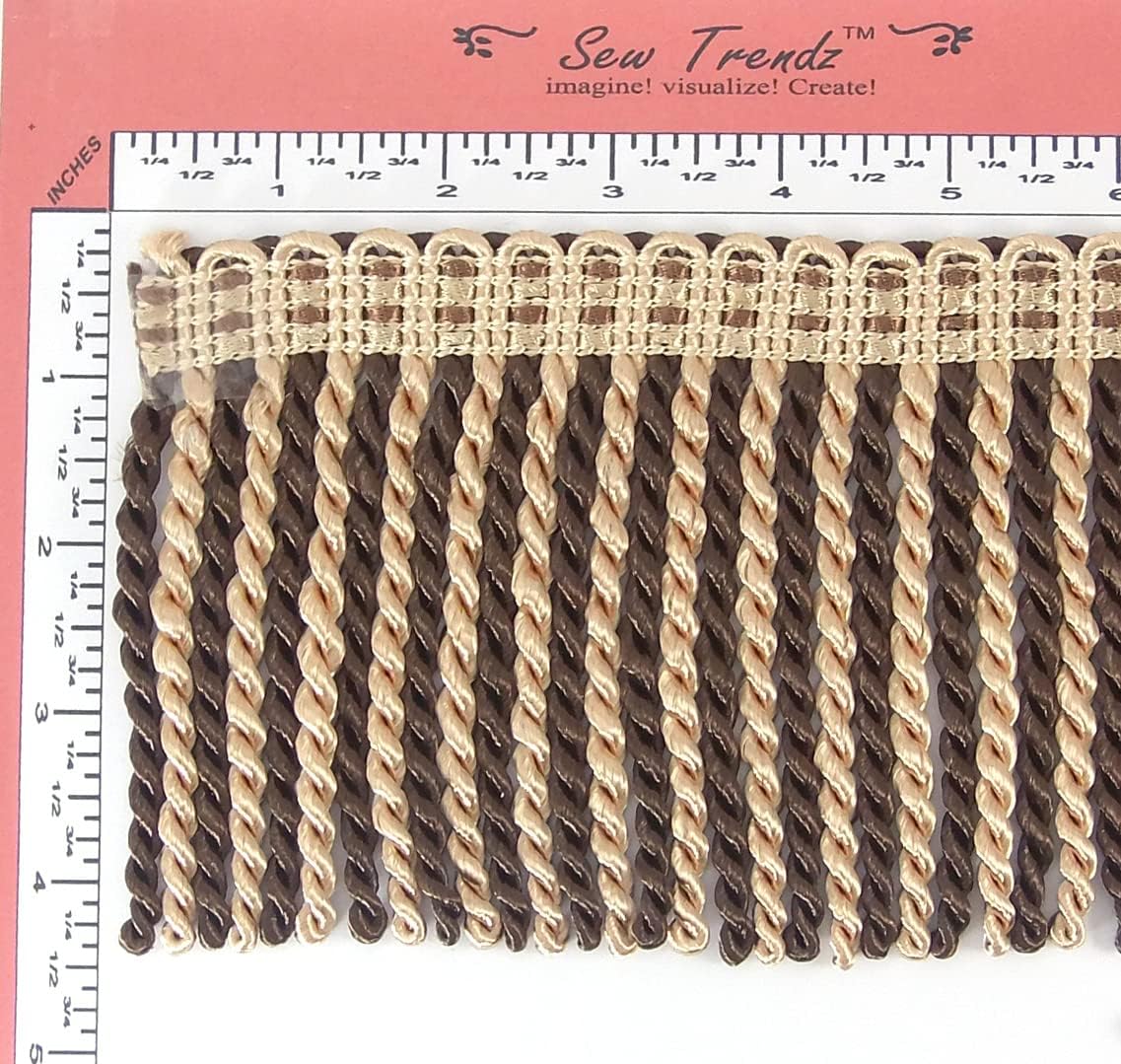5 Yards of 4.3" Long Bullion Fringe Tassel Twisted Thread Yarn Trim Color Combination Fringe Sewing, Drapery, Shawl-Coffee Brown & Gold Combo