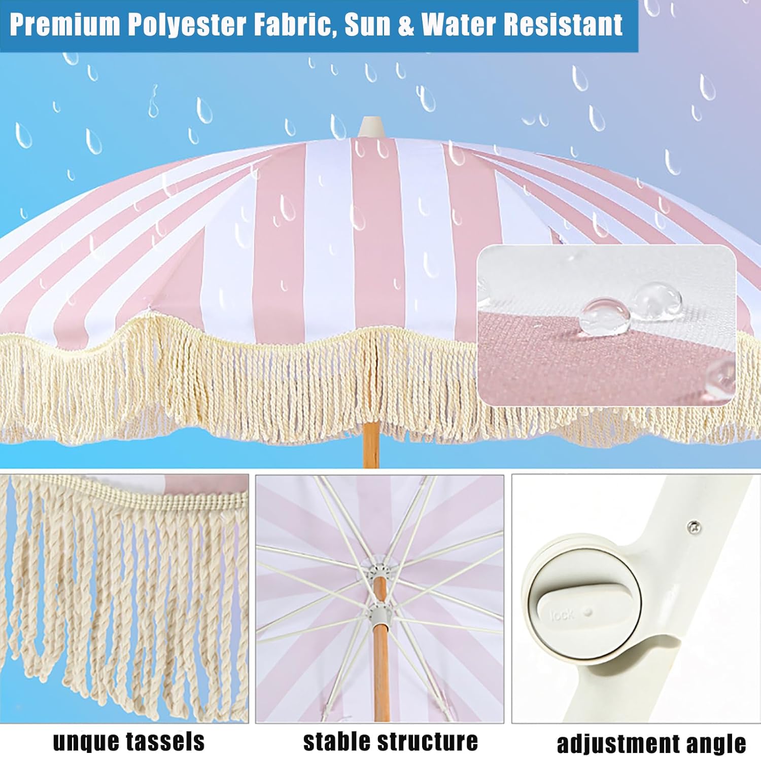 Premium Patio Umbrella With fringe,7 Ft Outdoor Table Umbrella Button Tilt,Round Outdoor Umbrella 8 Sturdy Ribs,Sun Shade Rainproof Garden Umbrella