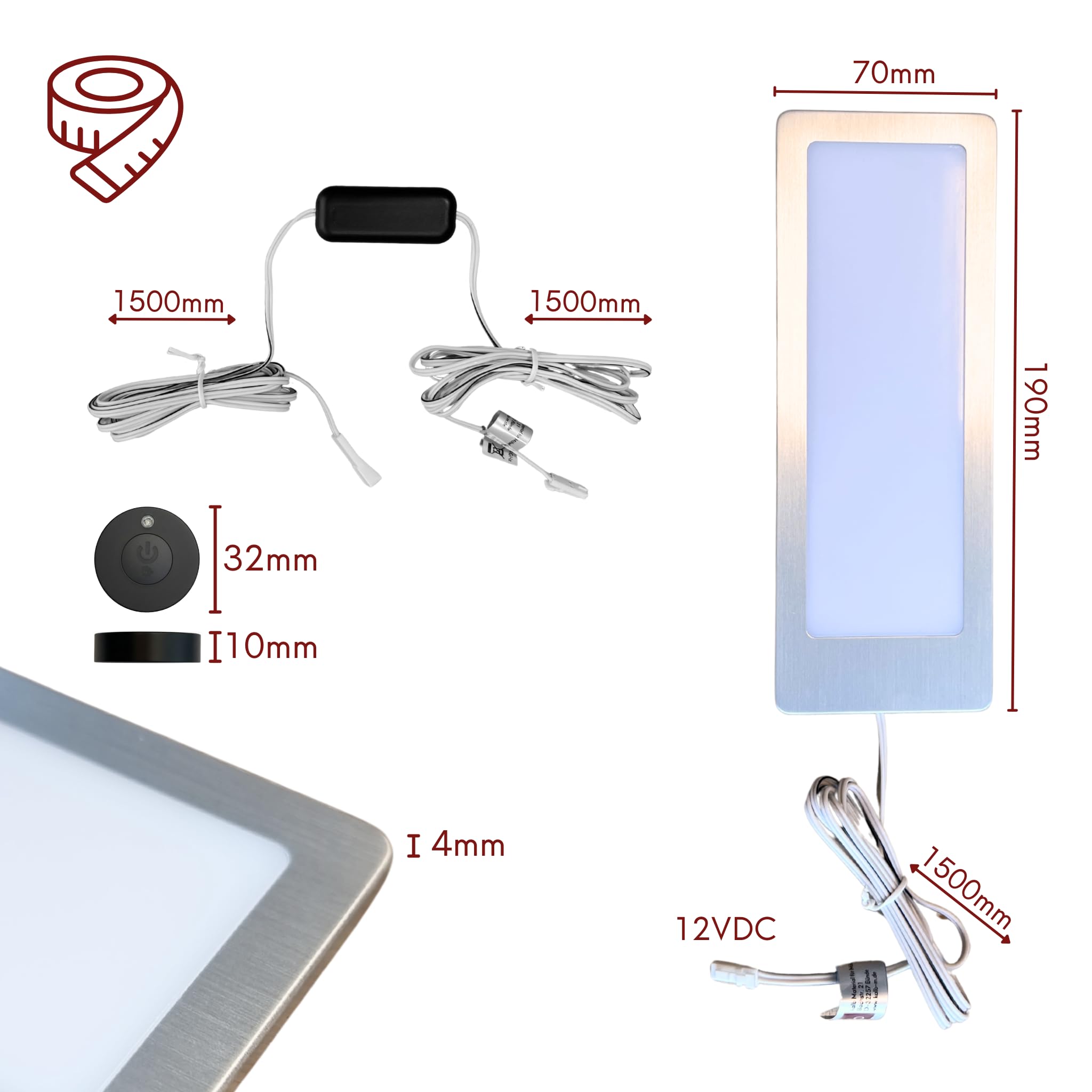 kalb | TooFlatXL LED Unterbauleuchten 1-4er Set mit MonoDot Funkschalter 12V 7W ultraflach 4mm mit XL Lichtfeld 155x55mm Plug&Play mit Netzteil Edelstahl gebürstet 3000K 4000K (4, Neutralweiß)