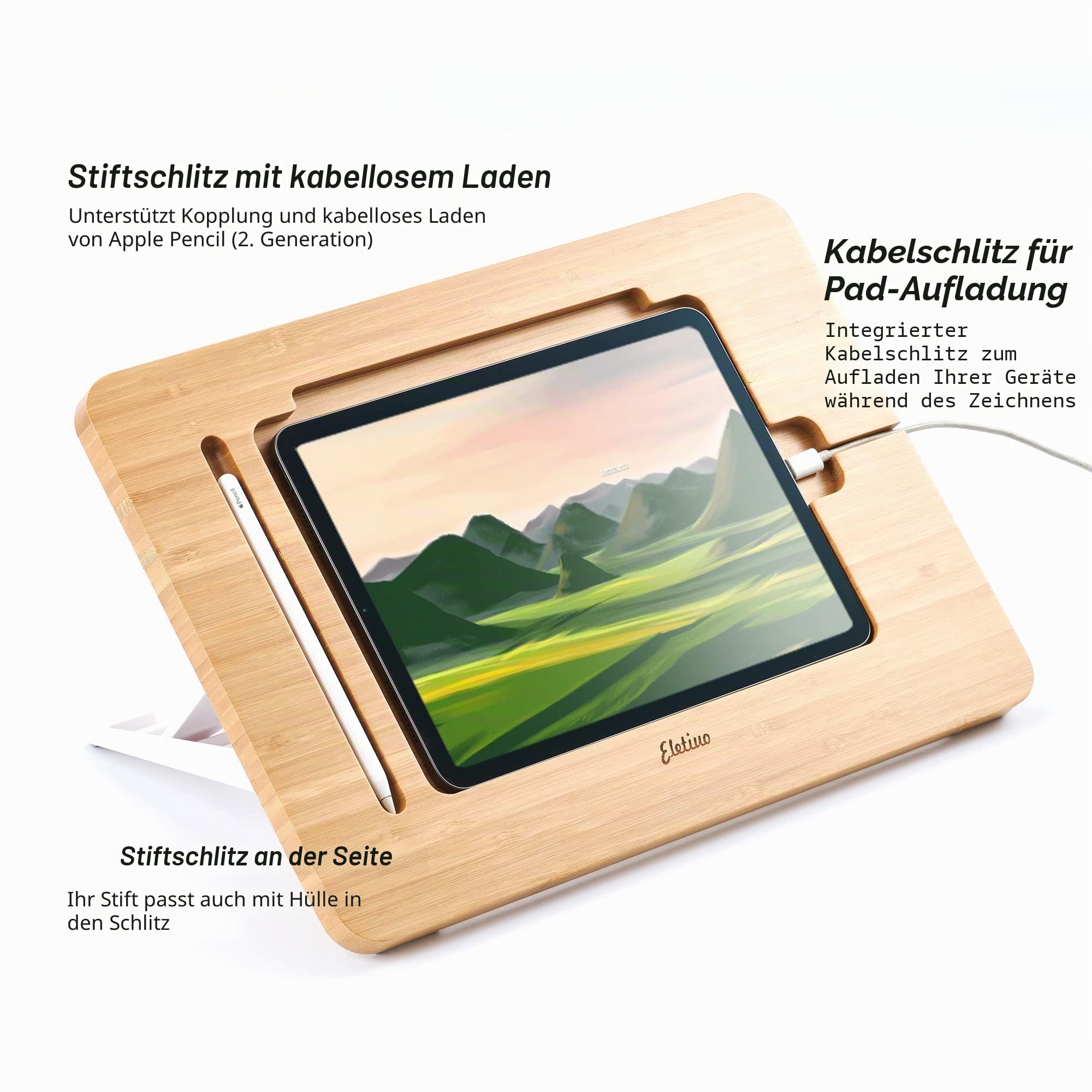 ELETIUO Upgegradeter Bambusholz-Zeichen-iPad-Halter mit Bleistift- & Ladeschlitz, Winkelflexibler Tablett-Desktop-Ständer, Klappbarer Tragegriff, Kompatibel mit 12,9-Zoll iPad Pro 3./4./5. Generation