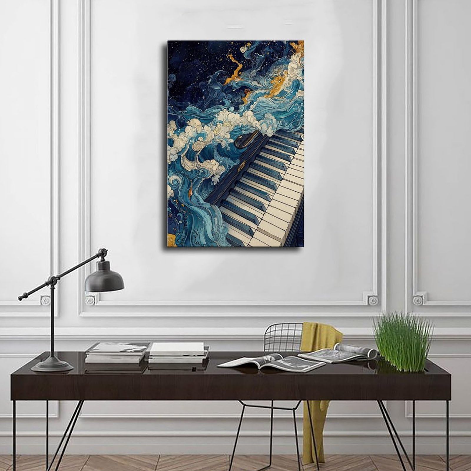 Poster con pianoforte con onde oceaniche, arte da parete musicale, poster per camera da letto, decorazione per ufficio, camera da letto, regalo, 61 cm L x 91,4 cm W