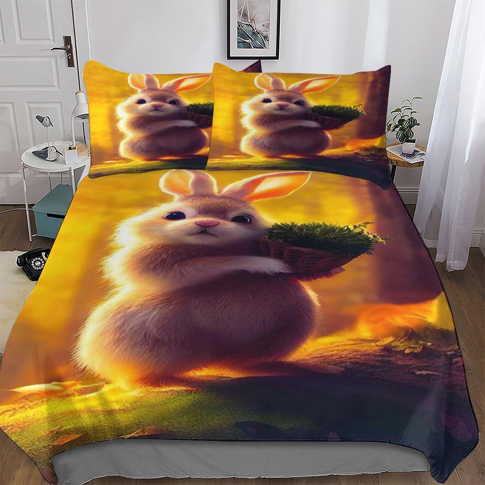 Housse de couette lapin en microfibre douce parure de lit king 3 pièces