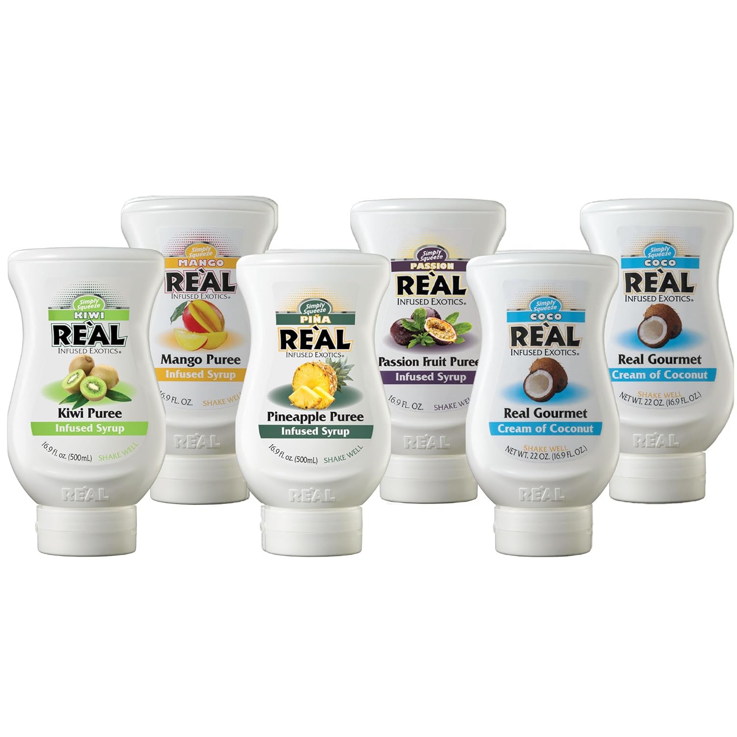 Reàl Infused Exotics Tropical Fruit Flavoring Syrup Variety - 2x Coco, Mango, Passion Fruit, Piña, Kiwi (Pack of 6, 16.9 FL OZ Bottles)