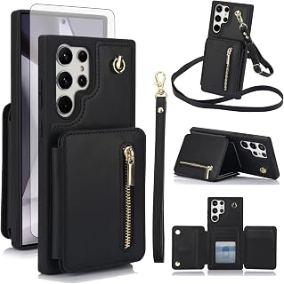 Asuwish Phone Case for Samsung Galaxy S24 Ultra 5G RFID Wallet Cell Cover with Tempered Glass Screen Protector Crossbody Strap Credit Card Holder Slot Stand S24Ultra 24S S 24 24Ultra Women Men Black