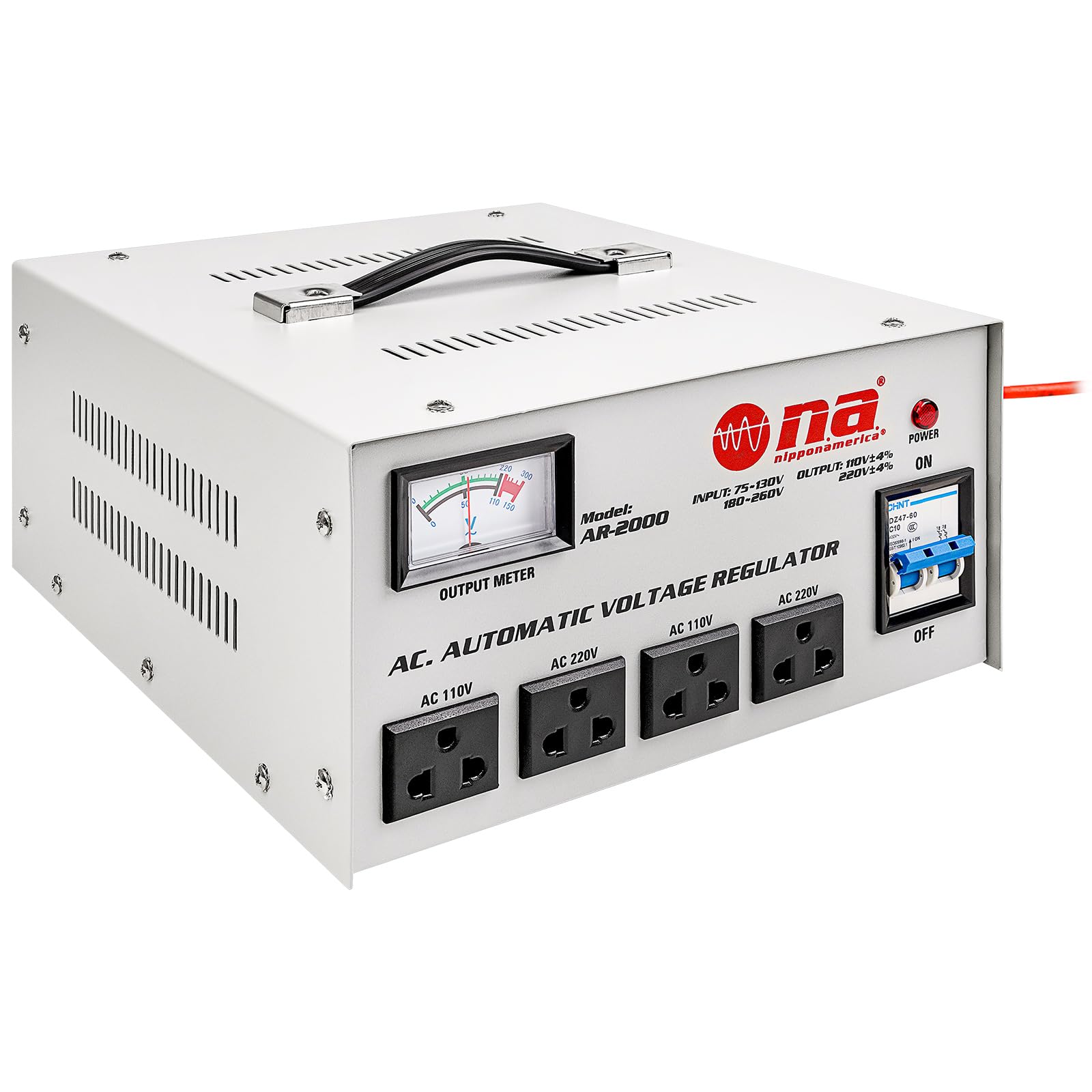Nippon AmericaAC Automatic Voltage Regulator (AR-2000), 2000 Watts, Delay Output Circuit, Display, AC 110V/120V, Power Switch, High-Voltage Protection, Heat Dissipation, Handle, Single Phase
