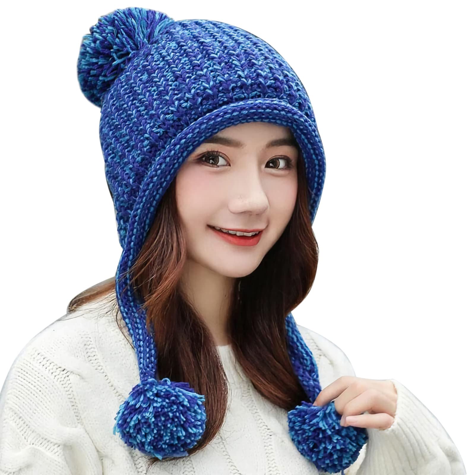 Women Winter Peruvian Cover Ears Beanie Hat Ear Flaps Sherpa Ski Snow Hats Knit Fleece Lined 3 Pom Pom