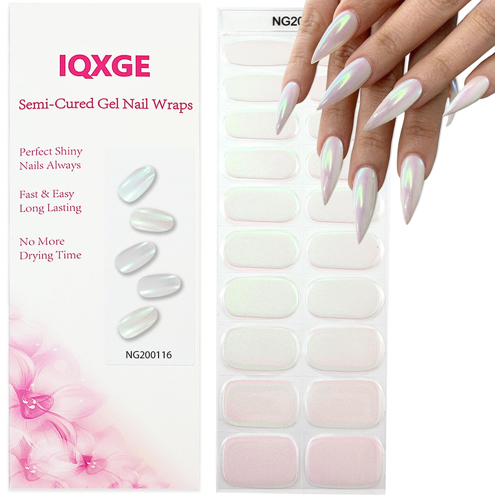 IQXGE Semi Cured Gel Nail Strips, Long Lasting Gel Nail Stickers with UV Light Needed, 20 Waterproof Full Wraps for Women with 1 File, 1 Wood Stick&2