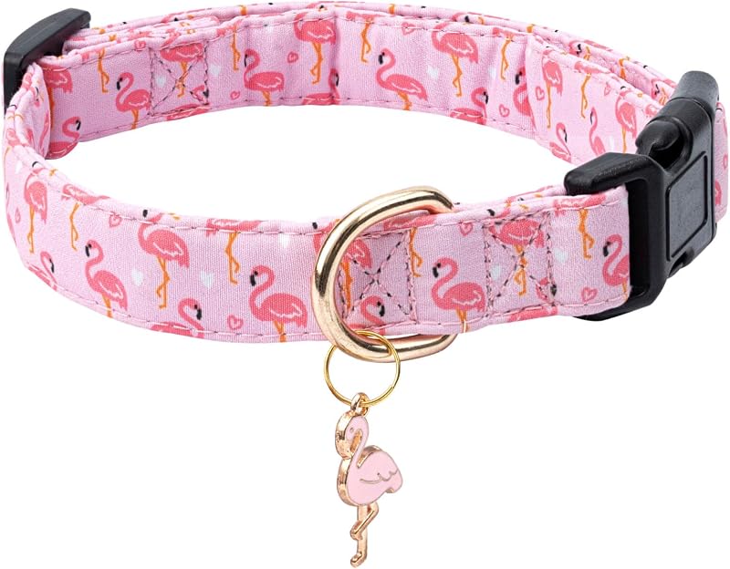 Coleira de Algodão Ajustável para Cães com Fivela de Segurança e Argola Metálica Jelwuion Rosa Flamingo Tamanho L