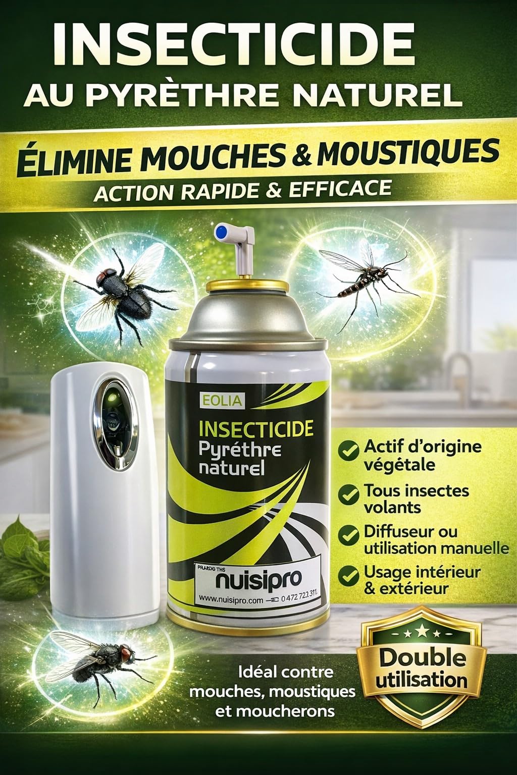 NUISIPRO - Pyrèthre Puissant Anti Mouches & Anti Moustiques - Lot de 4 - Usage Manuel ou Diffuseur - Effet Immédiat - Insecticide Naturel