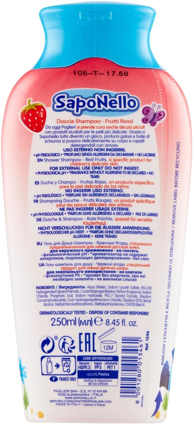 12 gel doccia Paglieri SapoNello e shampoo con frutti rossi, formula senza lacrime, pelle idratata 250 ml + portachiavi Beni Culinari gratuito