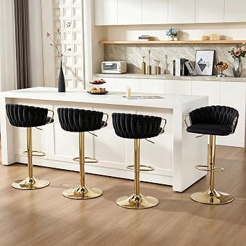 Velvet Bar Stools Set of 4, Adjustable Height, Gold Base, Black