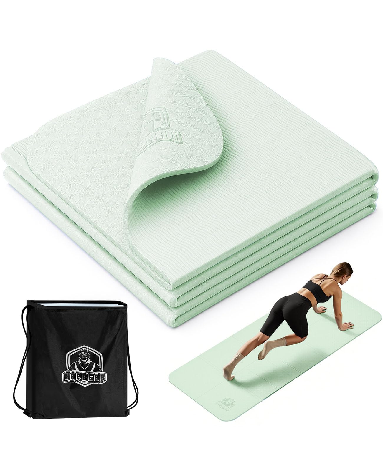 HAPBEAR Składana mata do jogi 183×61×6mm antypoślizgowa z TPE ekologiczna do jogi pilates treningów domowych podróż z torbą transportową