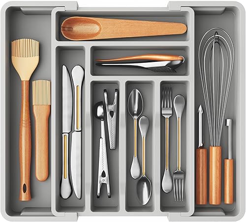 Miniatura 8 de Pipishell Organizador de cajones de cubiertos, bandeja de almacenamiento de utensilios de cocina expandible sin BPA para tenedores, cucharas y