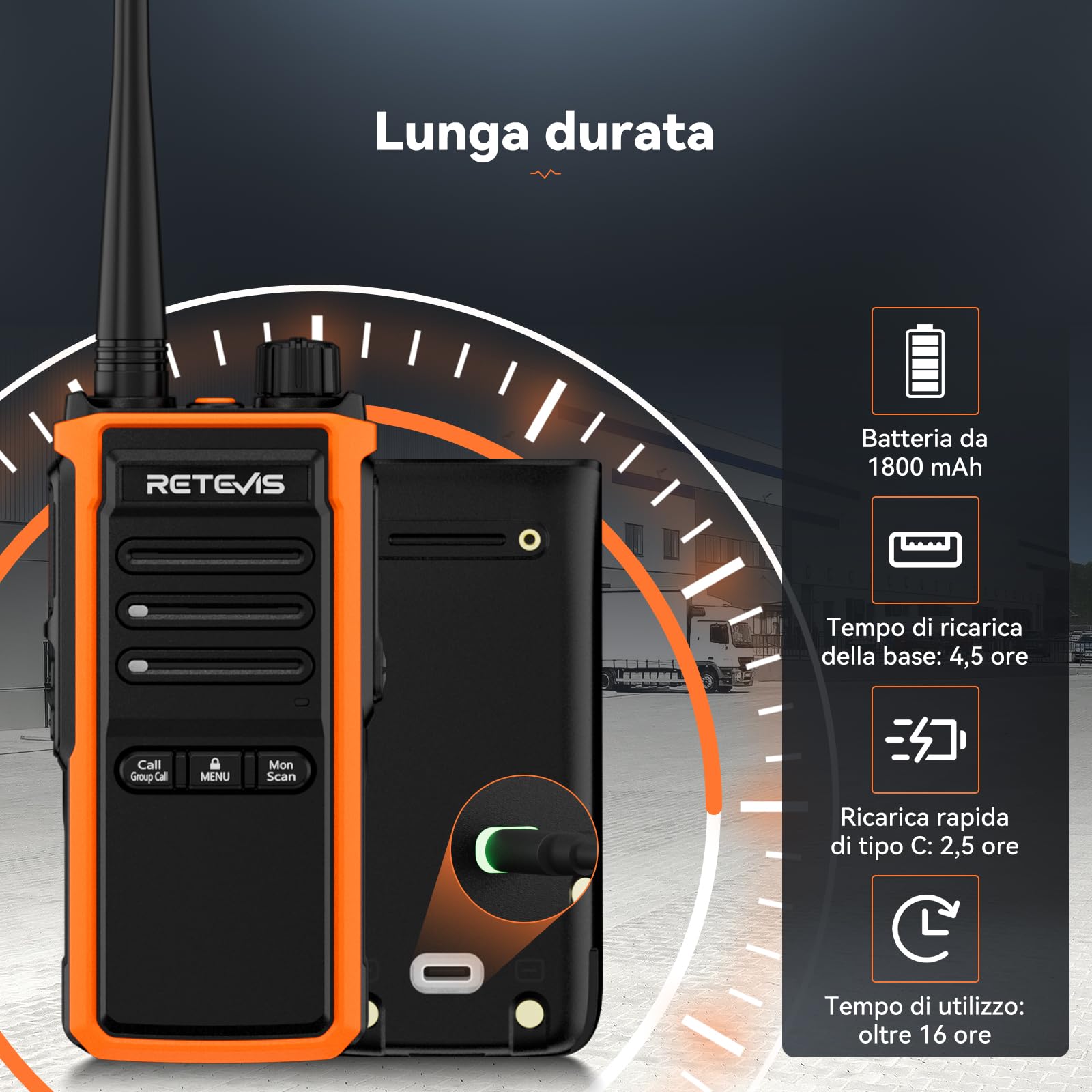 Retevis C65B Walkie Talkie Professionali IP67, Ricetrasmittenti a Lungo Raggio, Batteria Ricaricabile da 1800 mAh, Chiamata di Gruppo, Woki Toki Alta Potenza per la Costruzione (4 Pacchetti)