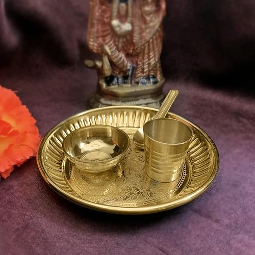 Satvik Brass - Juego de 4 platos Bhog Thali para Laddu Gopal con vidrio, cuenco y cuchara Pooja para el hogar y el templo Kanha Ji Bhog Juego de