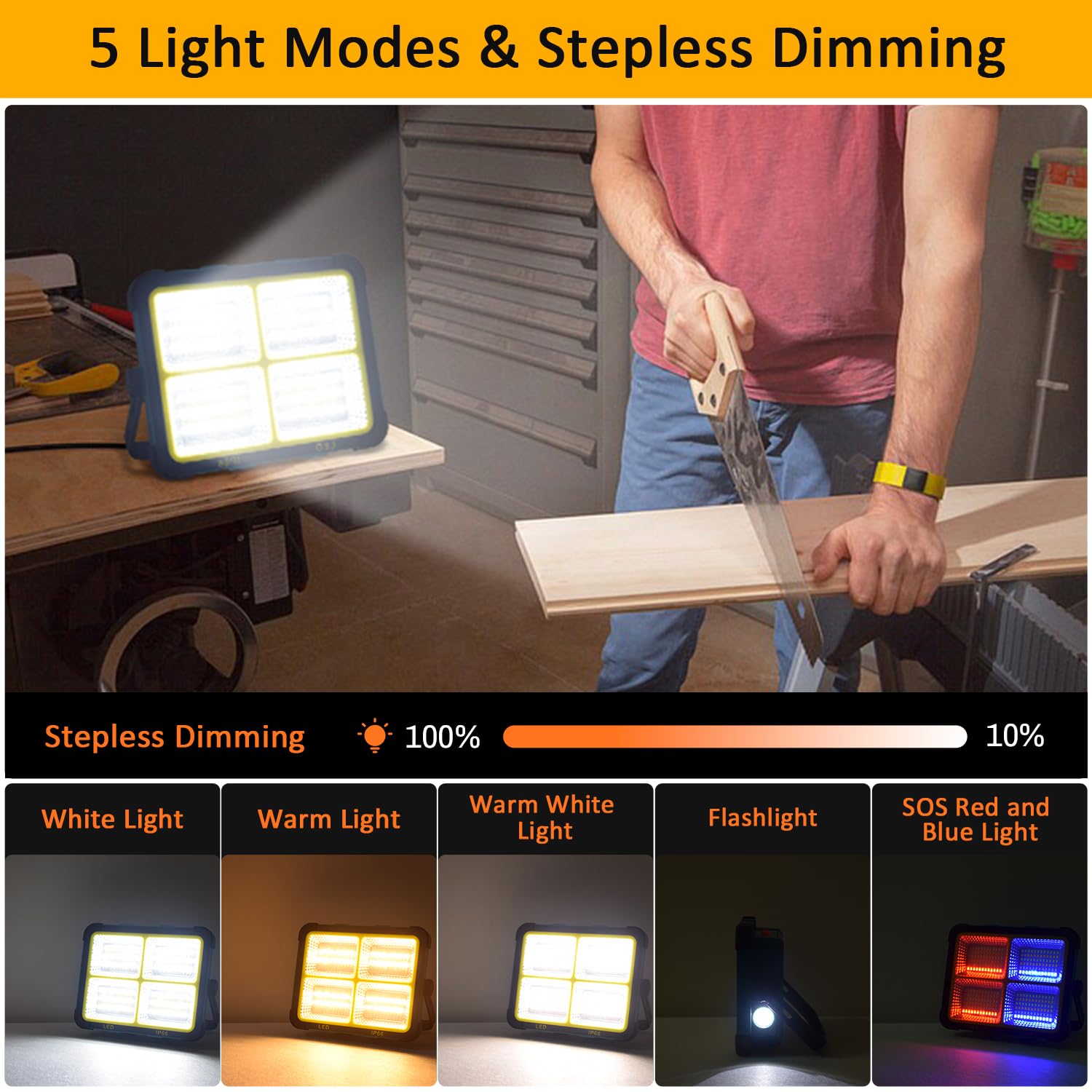 Reflektor LED z możliwością ładowania, dwa moduły solarne, 5