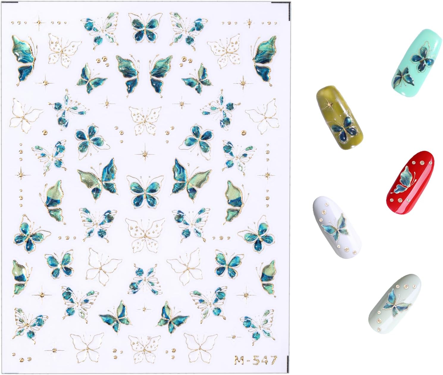 green butterfly nail stickers, butterfly nail art stickers decals, 5d embossed nails art butterflies nails decals with gold accent, self-adhesive nailart designs decal, cute nailart supplies for women