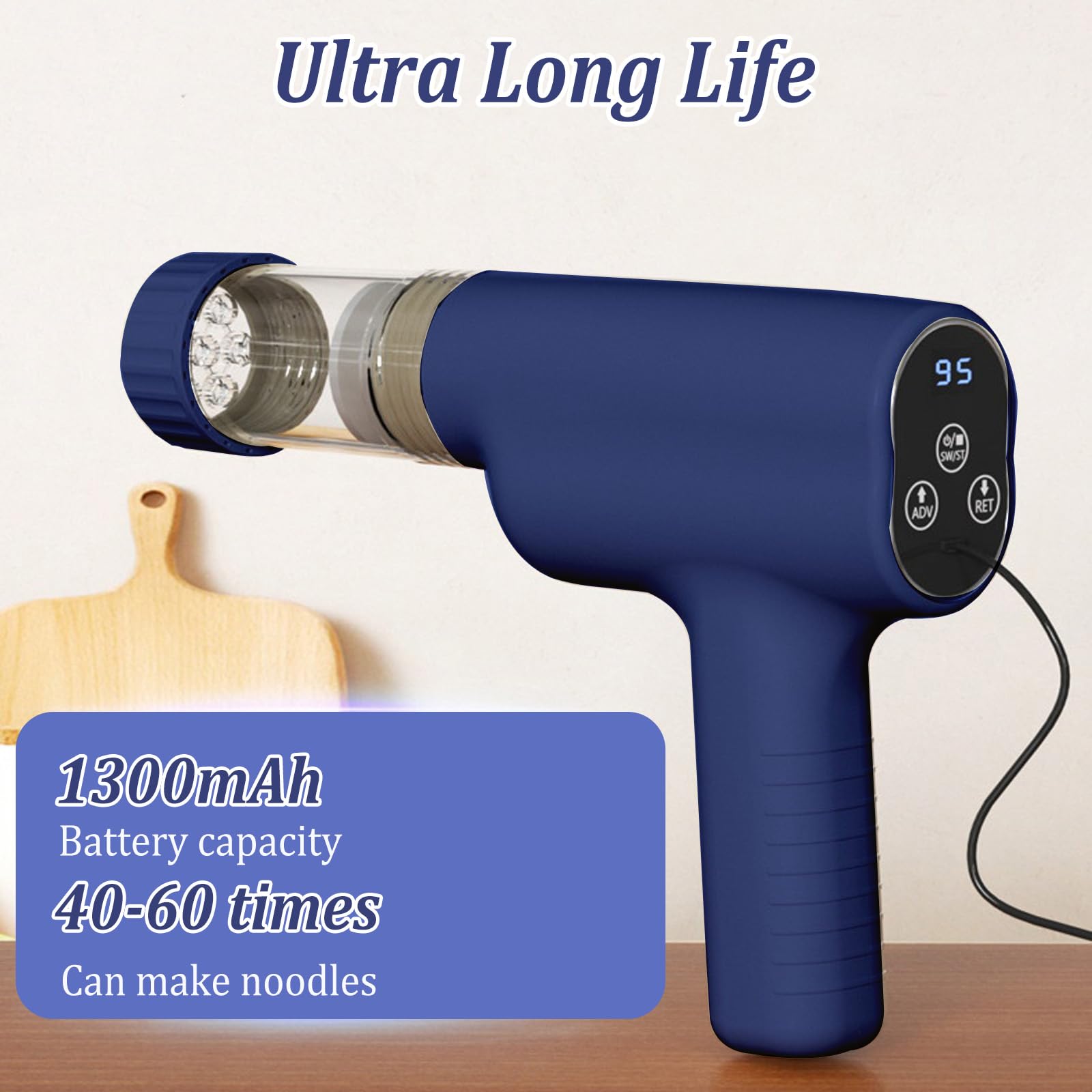 Máquina de Pasta Eléctrica de Mano, Máquina para Hacer Pasta Automática Portátil con 7 Accesorios para Espaguetis Multifuncional Máquinas para Pasta Fresca pare Fettuccine Salchichas Caseras Azul