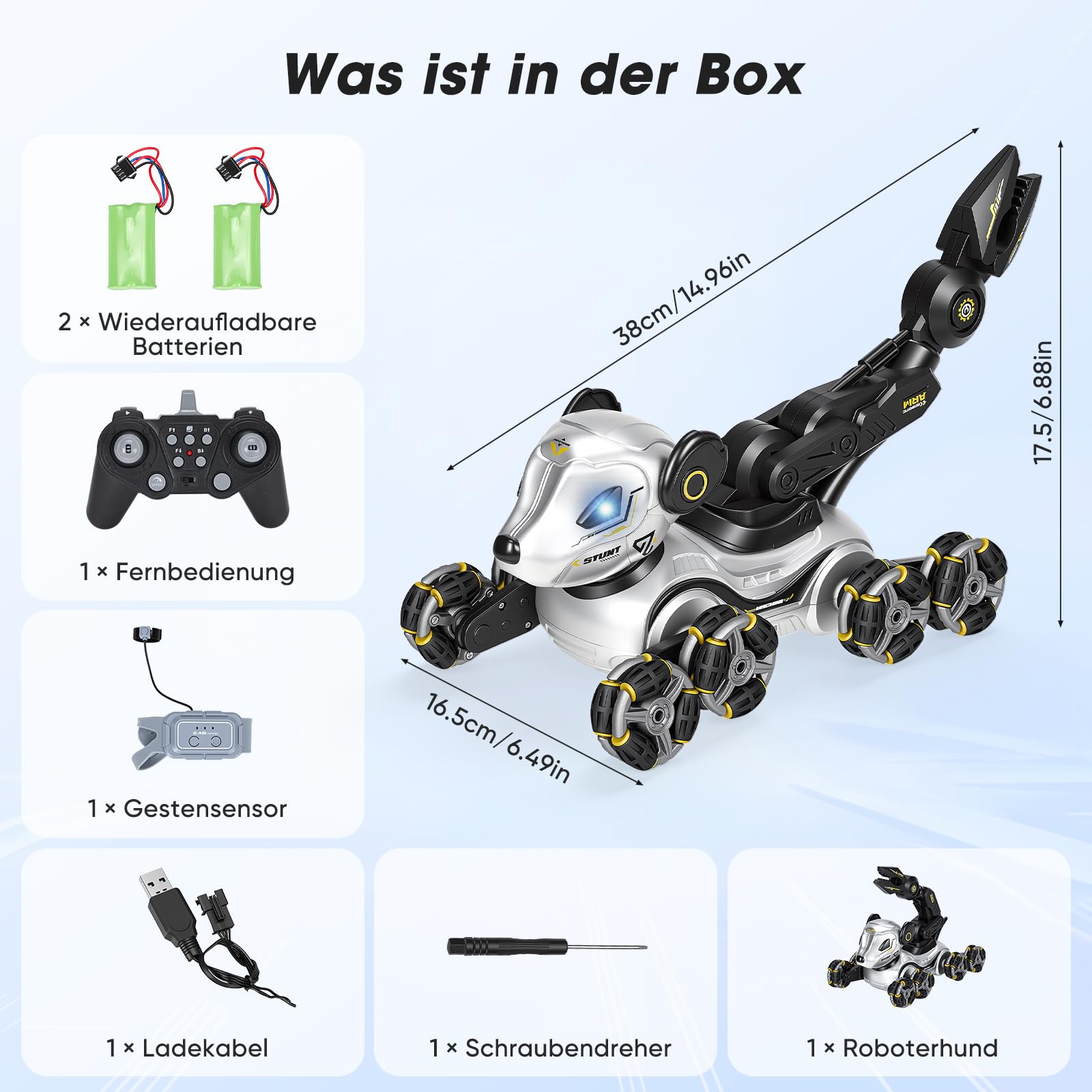 Roboter Hund Kinder – Interaktiver RC Roboterhund mit Gestensteuerung Uhr, Greifarm, 8-Rad Stunts, Licht & Musik, Programmierung, Doppelakku - Robot Dog für Mädchen Jungen 3-12 Jahre