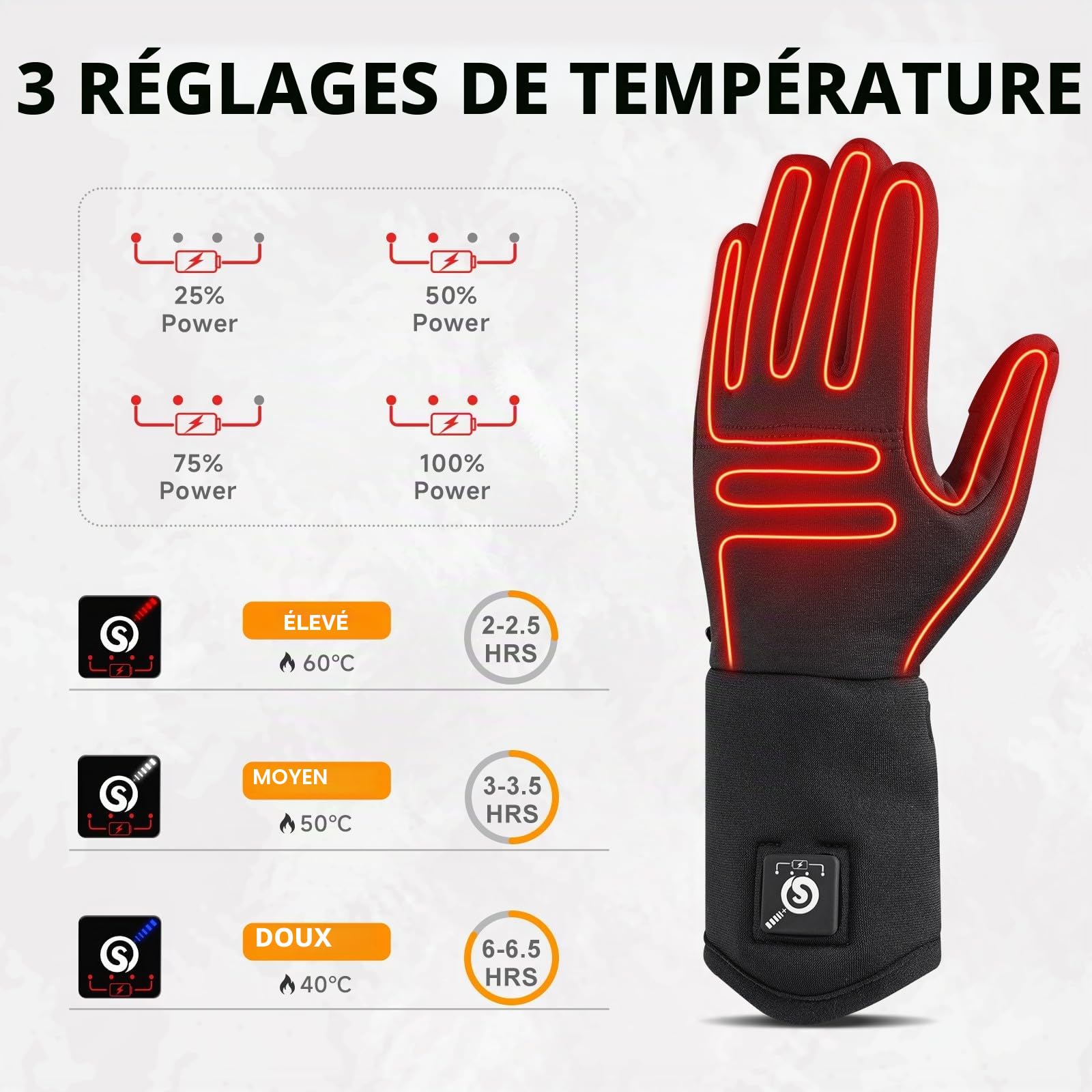 Day Wolf Gants Chauffants Électriques 7.4V 2200mAh Rechargeable pour Ski Randonnée Moto Hiver