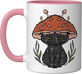 Cottagecore Black Cat Mushroom Cute Women Girls Kids Toddler Ceramic Mug, Pink/White