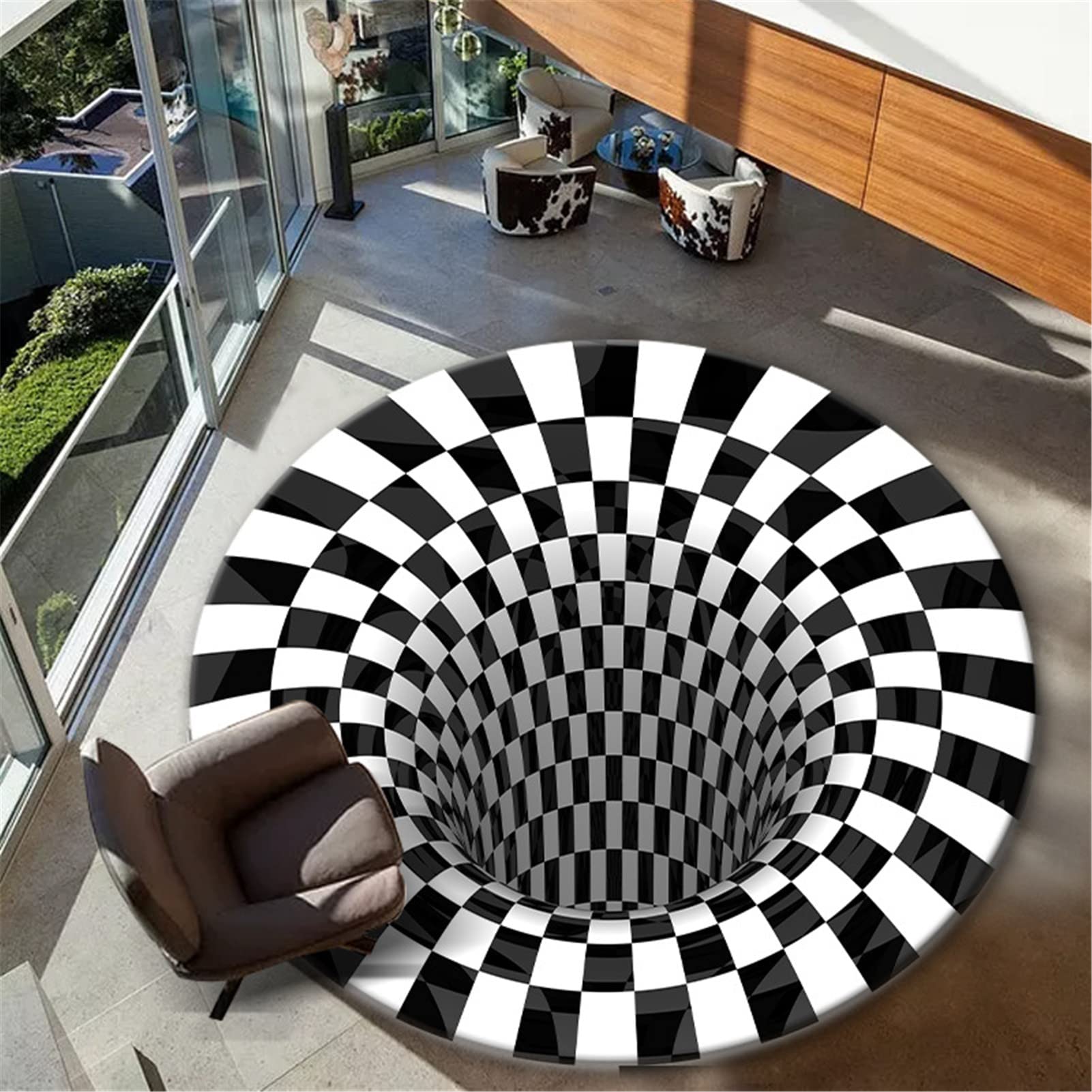 Tappeto 3D Antiscivolo Zerbino Tappeto Illusione Ottica Rotondo Tappeto A Scacchi Vortice Bianco E Nero Illusion per Soggiorno Sala da Pranzo Camera da Letto Cucina Interni Esterni,3,100cm