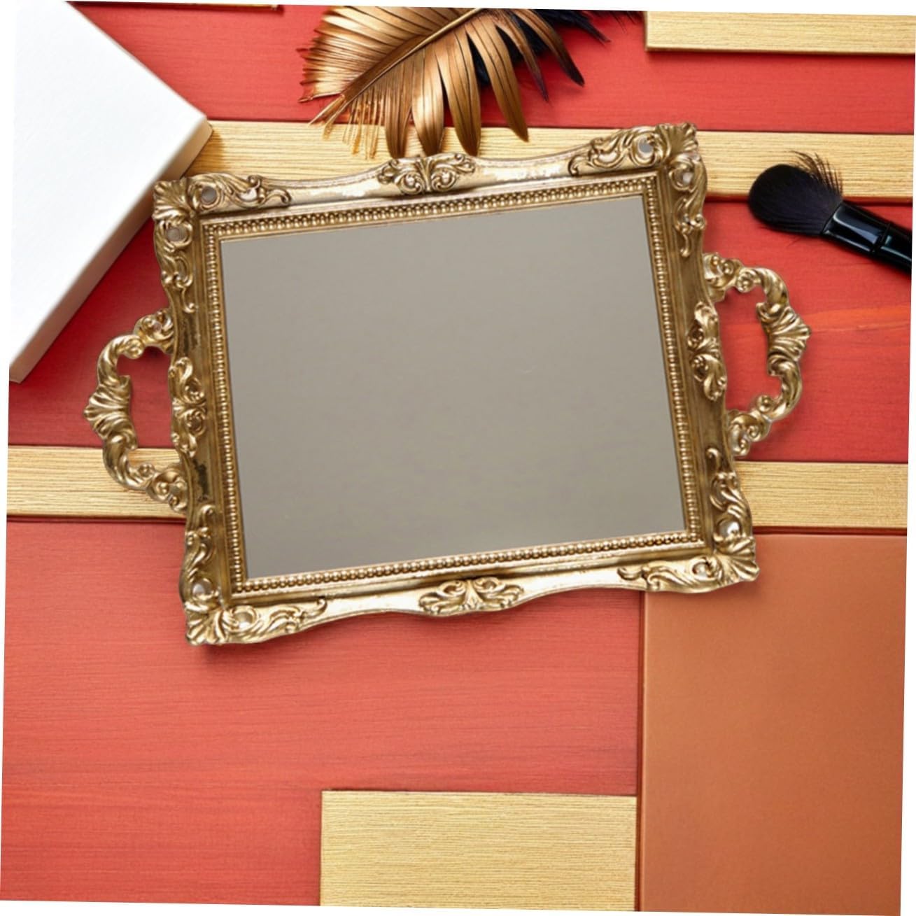 Retro Carved Mirror Tray Vintage Resin Decorative Storage Plate Golden Wedding Dressing Table Organizer for Home Décor