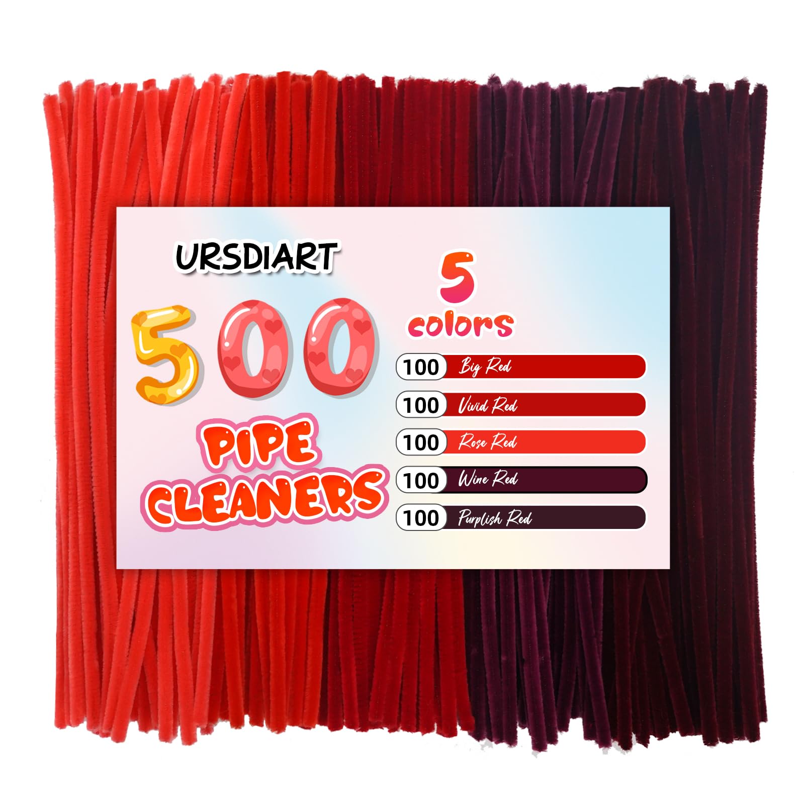 500pcs Pipe Cleaners Craft,5 Assorted Colors Red Pipe Cleaners for Crafts, Christmas Craft Pipe Cleaners, Chenille Stems for Art and Craft Supplies DIY Creative Project