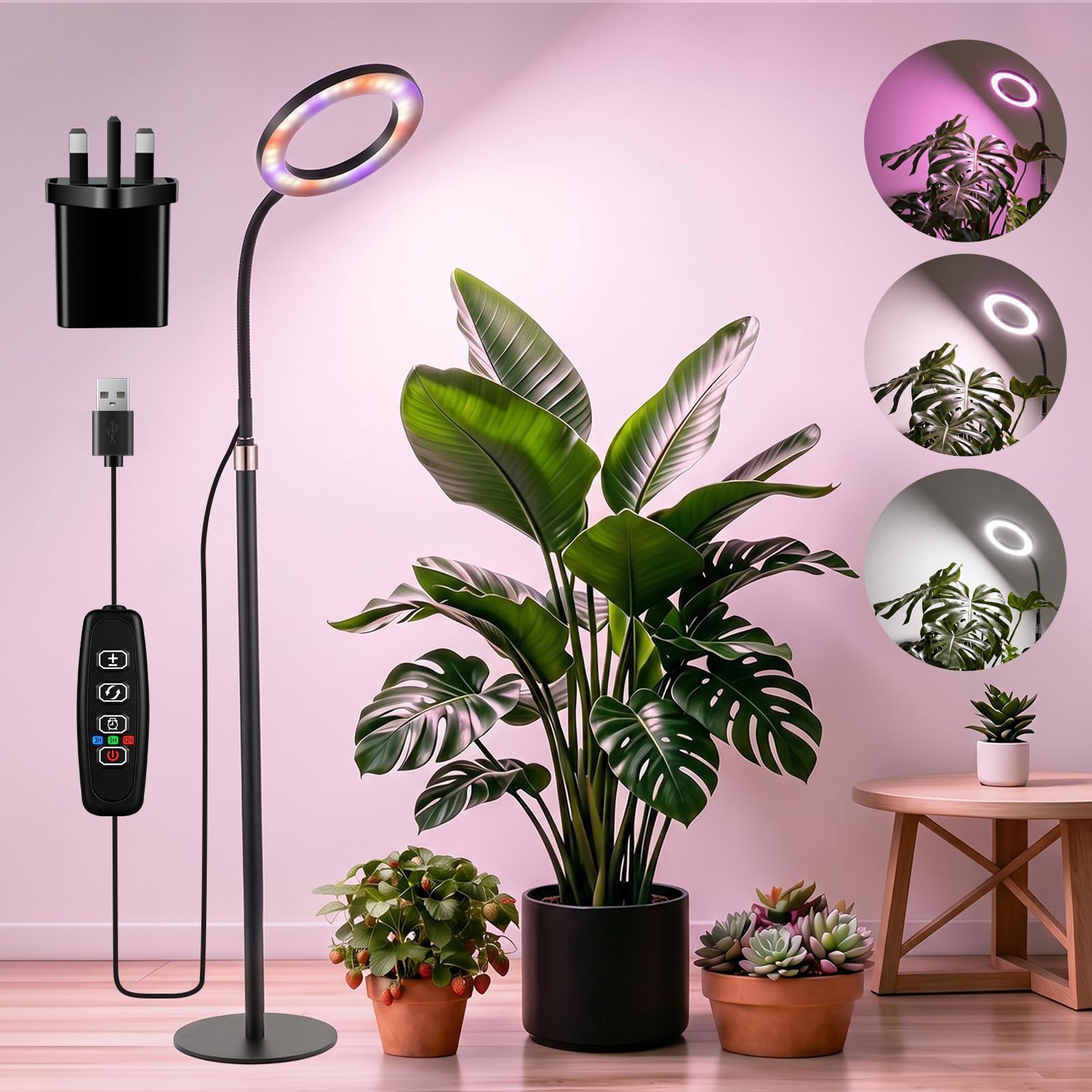 Liuyife Grow Lights for Indoor Plants, Full Spectrum LED Floor Plant Light with Stand, 3 Color Modes Grow Lamp with Timer 3/9/12H, 10 Dimmable Levels, Adjustable Height for Large Plants and Seedlings