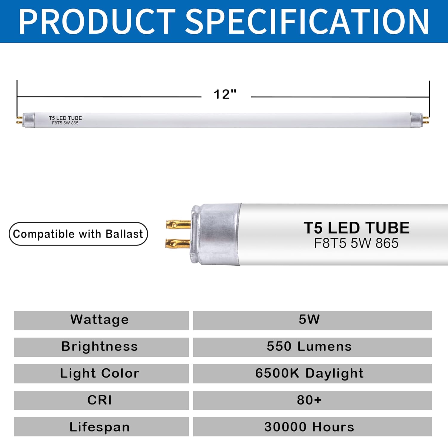 12 Inch F8T5/DL LED Replacement Bulbs, 6500K Daylight, T5 LED 5 Watts Replace Fluorescent Bulb with LED, Replacement Tube for Counter and Cabinet Fixture, 4 Pack