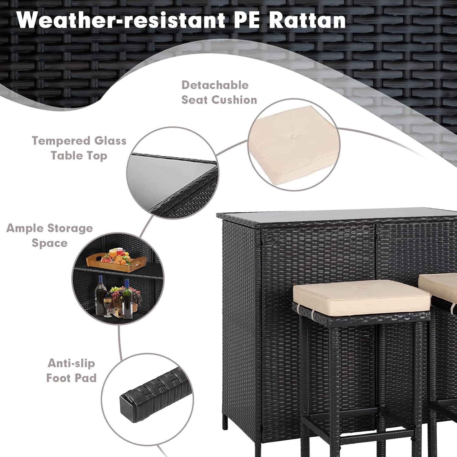 Crownland 3-Piece Wicker Patio Outdoor Bar Set, 2 Stools and 1 Glass Top Table, Bistro Set, Brown Furniture for Deck, Lawn, Backyard