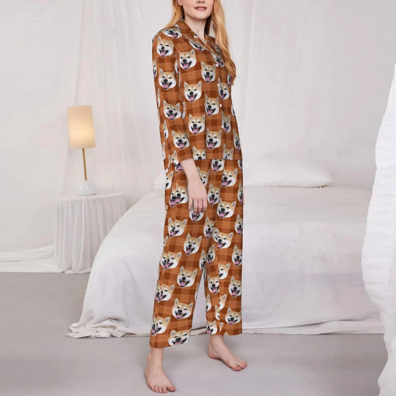 Personalized Plaid Pajamas Sets for Unisex with Dog Cat Face, Customized Matching Couples Pjs Photo Gifts for Valentine's Day Birthday Mom Grandmother Women Men