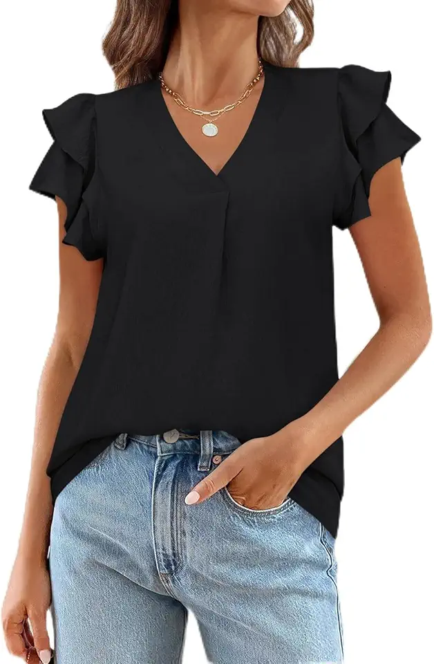 Blusa feminina casual de verão com babados e gola V