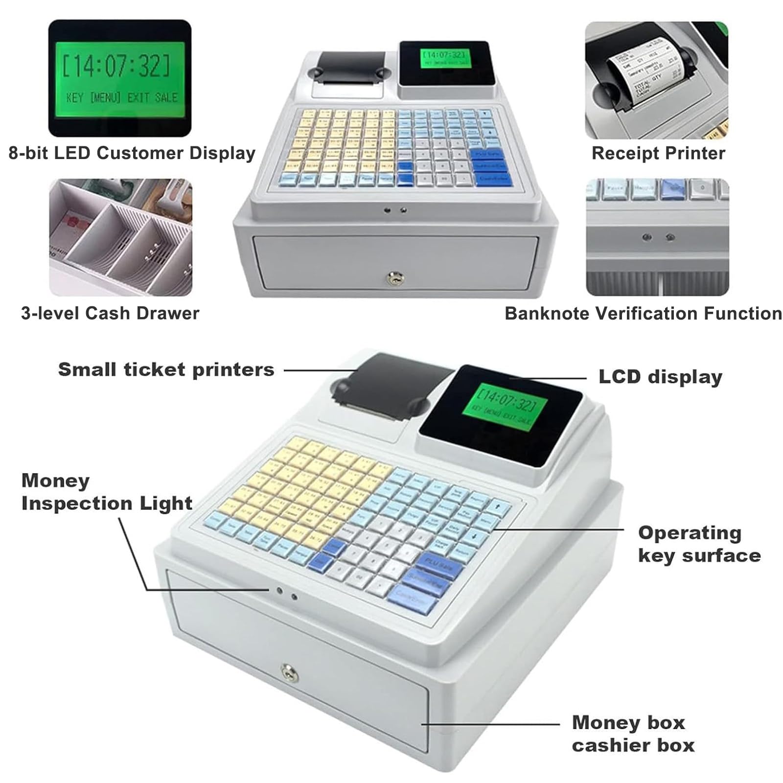 Elektronische Registrierkasse für den Einzelhandel, 81-Tasten-Multifunktions-Kasse, mit Thermodrucker und Schublade für kleine Unternehmen