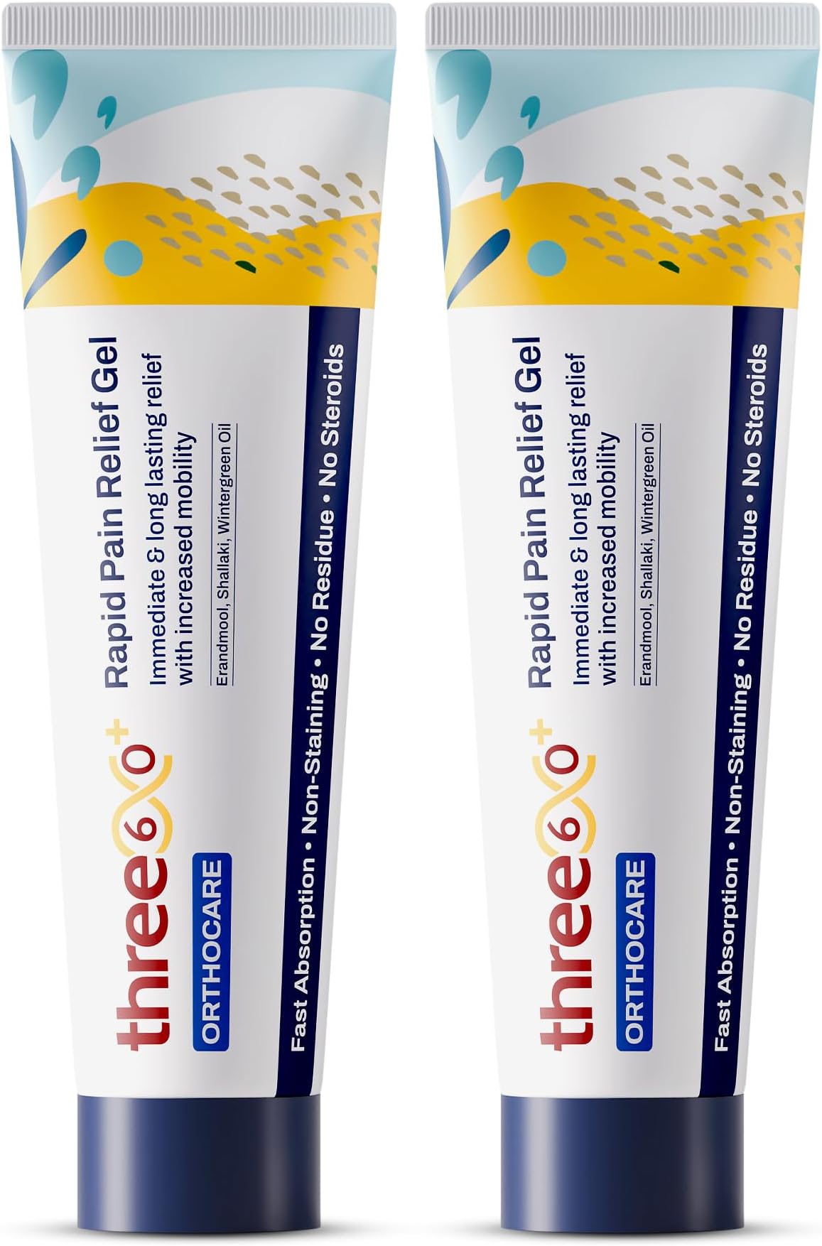 three60+ RAPID PAIN RELIEF Gel | Get Immediate and Long Lasting Relief from Arthritis Pain | Erandmool, Nirgundi, Wintergreen Oil, and Shallaki | Fast-Absorption | Non-Staining | 50g Gel Pack of 2