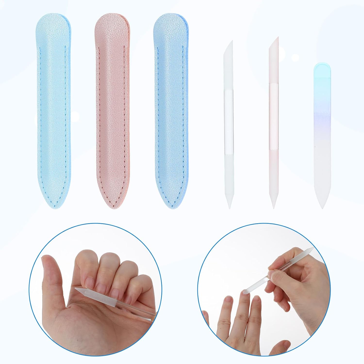3 PCS Glass Cuticle Pusher Tool with Leather Case, Dual Ended Cuticle Remover Tool Glass Manicure Stick, Fingertip Precision Filing Cuticles Remover Tools for NailsCare (Clear, Pink, Blue)