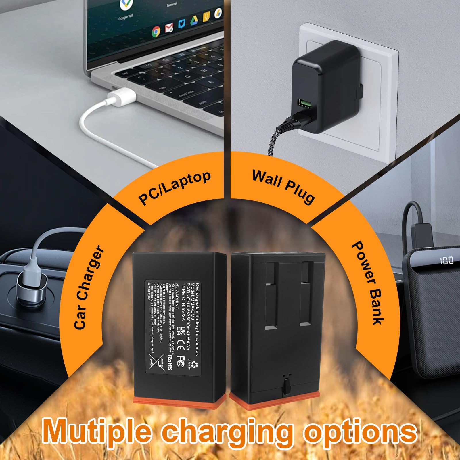 Lot de 2 Piles MMA-EM8 Batteria per Moultrie Edge, Edge Pro, Edge 2 10.8V | Compatibile con Edge 2 Pro，cavo di tipo C incluso, ricaricabile, protezione integrata. Adatto all'uso all'aperto.