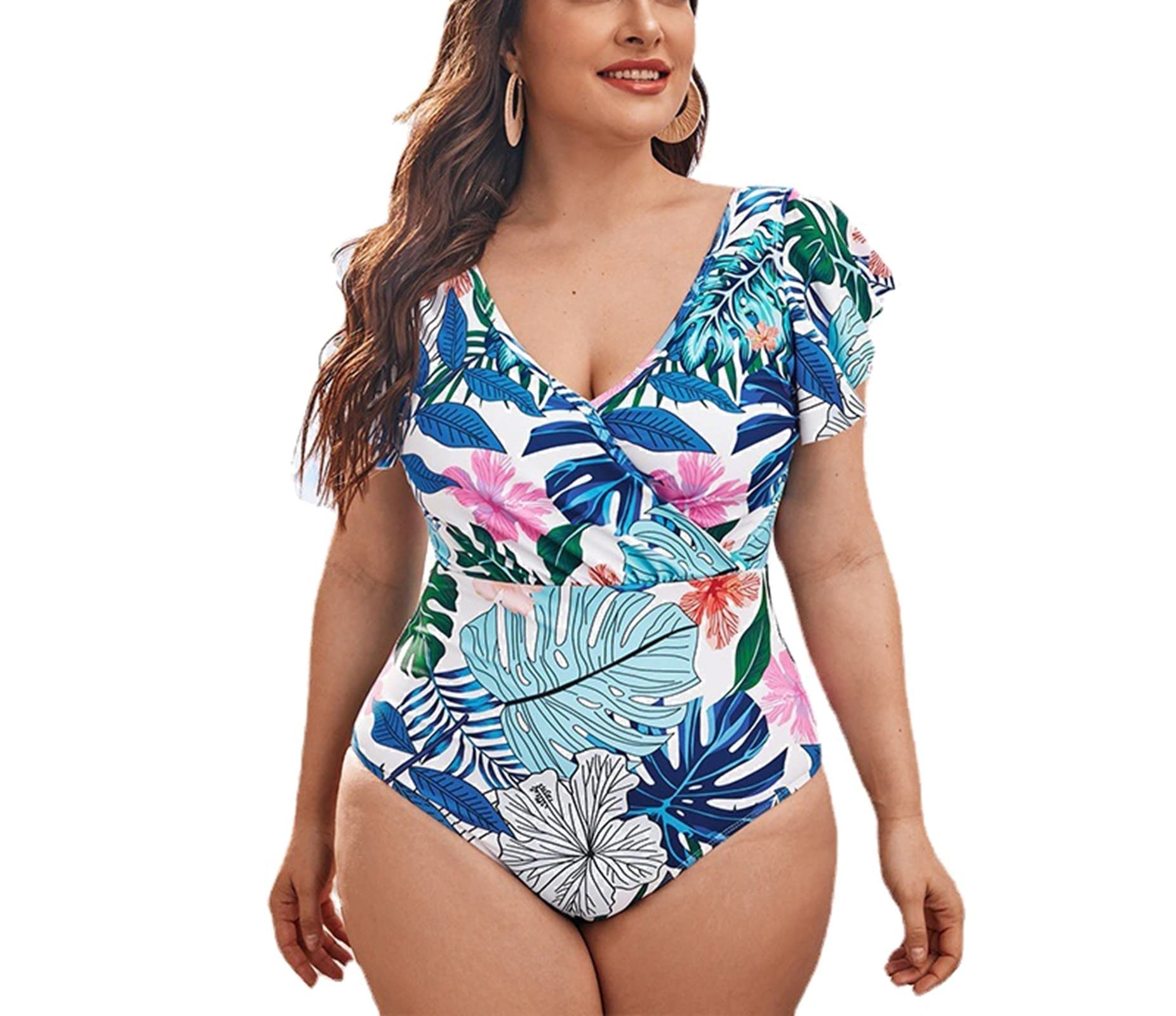 Traje de baño de 1 pieza, traje de baño para mujer, talla grande, con hojas tropicales y flores impresas, de poliéster suave