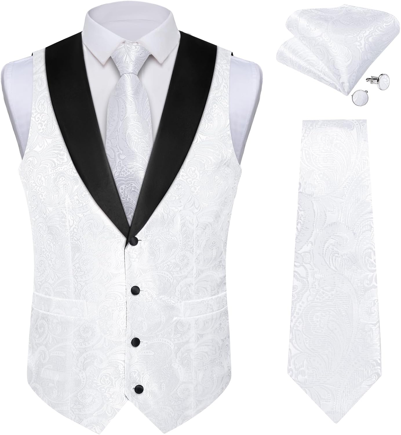 DiBanGu Mens Vest and Bowtie Set Silk Paisley Waistcoat and Bowtie Pocket Square Cufflinks with Lapel Pin for Wedding Party