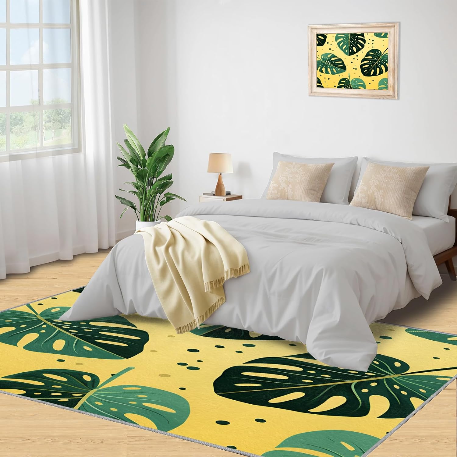 Green Tropical Leaves Rugs for Entryway, Banana Leaf Indoor Rugs 2x3, Palm Tree Area Rug, Yellow Kitchen Rugs Non Slip Washable Rugs for Bedroom