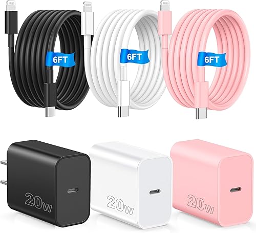 Compatible con cargador rápido iPhone 14, paquete de 3 bloques de cargador USB C PD de 20 W, cable USB C a Liightning de 6 pies compatible con