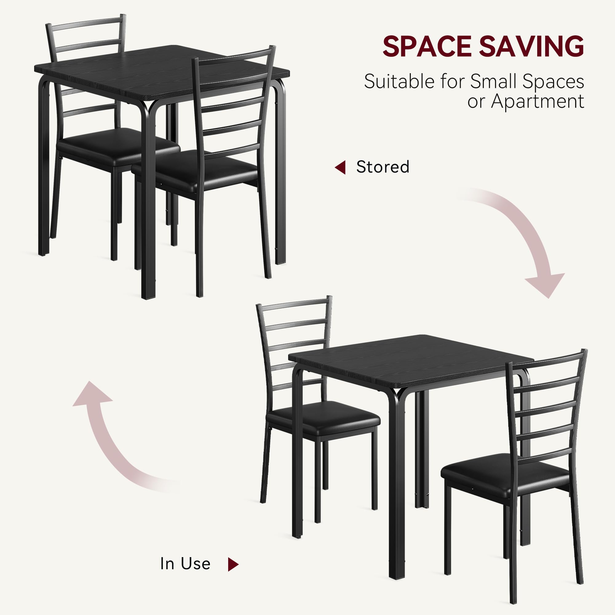 Ensemble Table à Manger 3 Pièces pour 2 Personnes – Table Carrée + 2 Chaises Rembourrées Métal-Bois, Idéal Cuisine ou Appartement – Plateau MDF, Coloris Noir